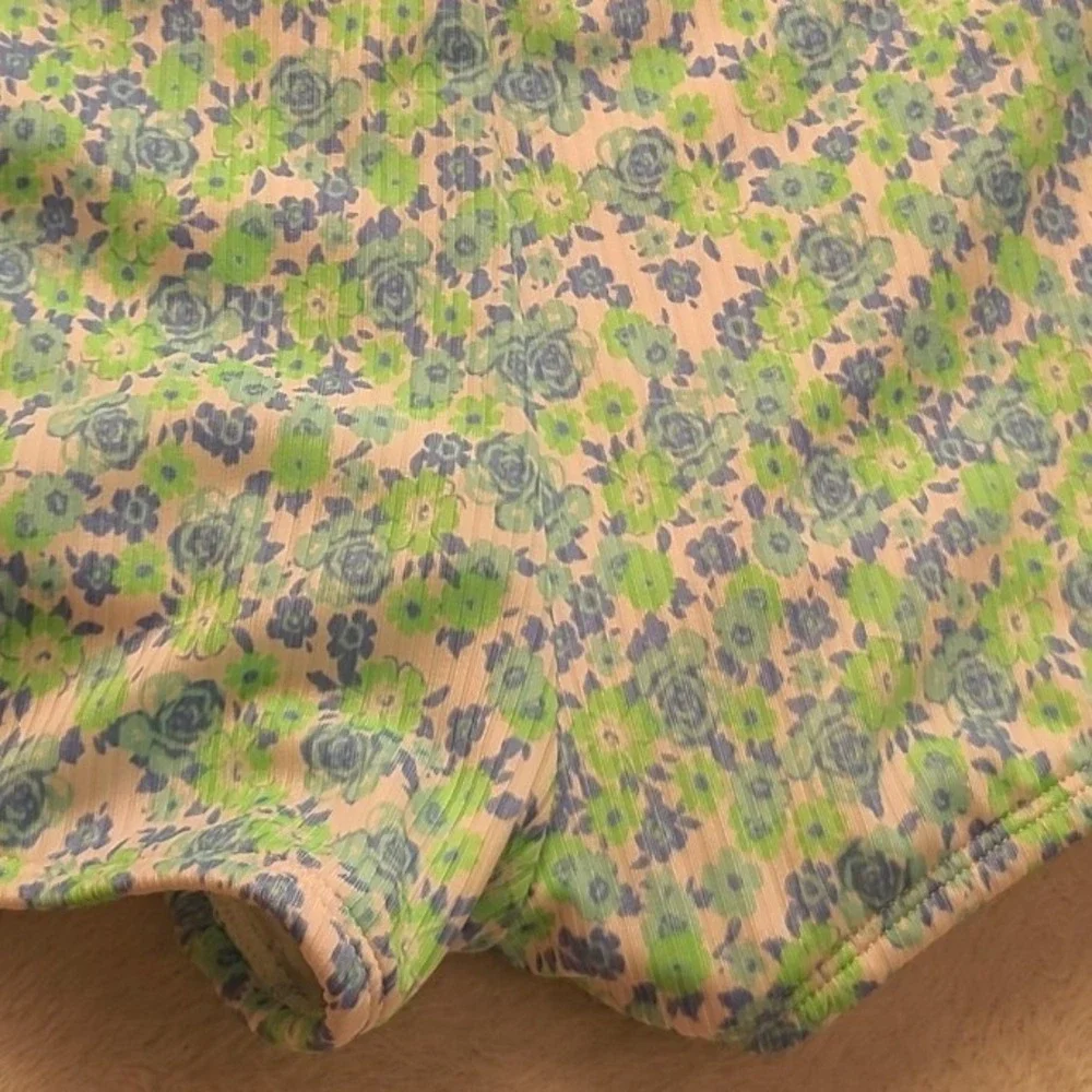 Art Class Girls Floral Swim Shorts Blue Green Ribbed Swimsuit Bottoms L 10/12